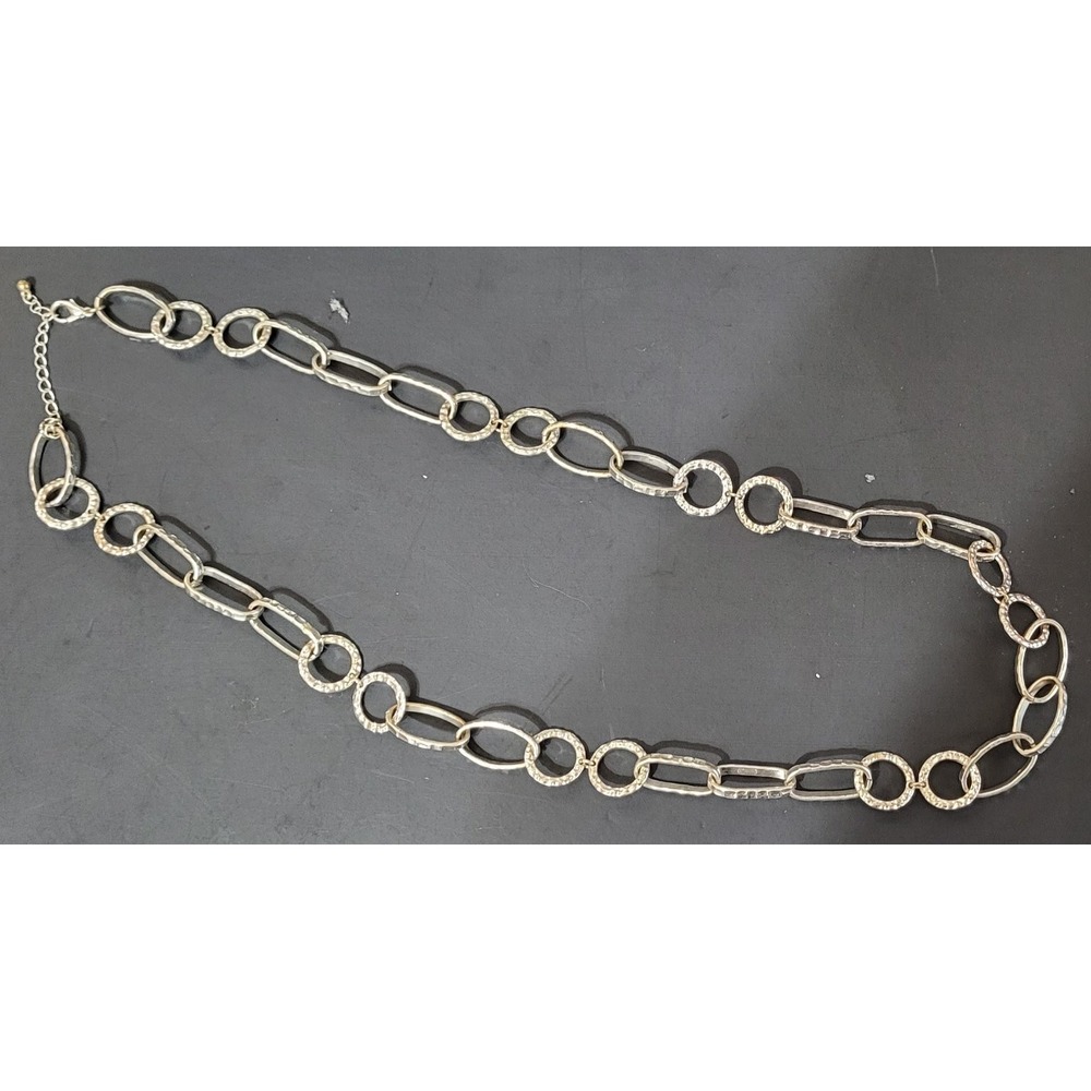 Hammered Rhinestone Circle Round Link Chain Necklace Silver Tone Vintage